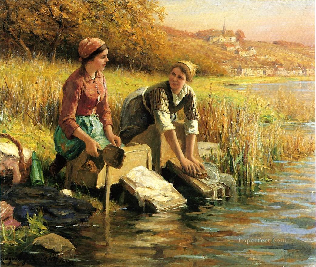 小川で服を洗う女性たち ダニエル・リッジウェイ・ナイト油絵